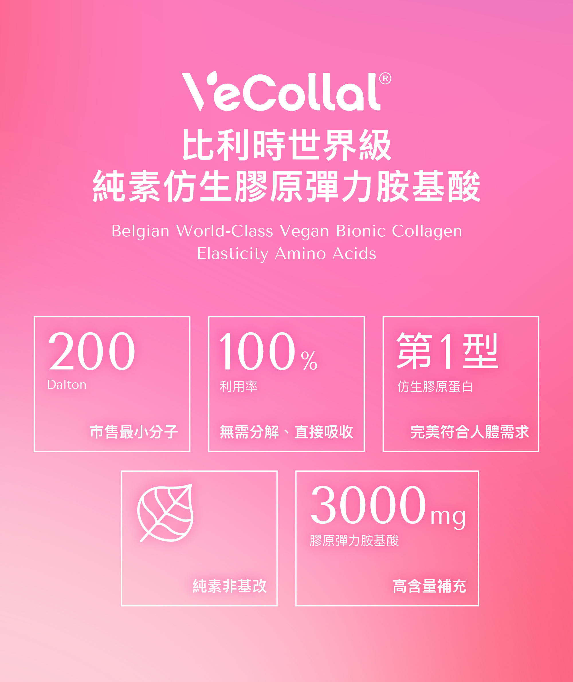 Vecollal 是比利時世界級的純素仿生膠原彈力胺基酸，擁有市售 200 Dalton 最小分子、100% 人體利用率、純素非基改的特色，並採用第一型仿生膠原蛋白形式，以 3000mg 對人體進行高含量補充。